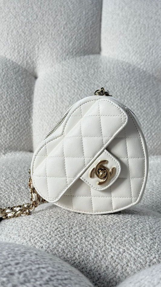 Chanel Mini Heart Bag with Chain Lambskin White Light Gold-Tone Hardware