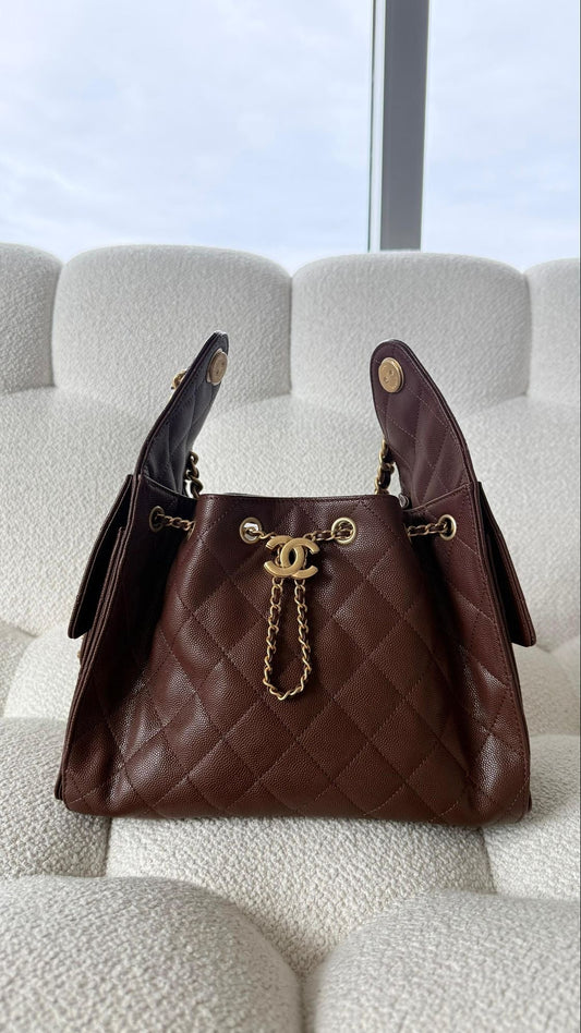Chanel 25 Small Hobo Handbag Grained Calfskin Dark Brown GHW
